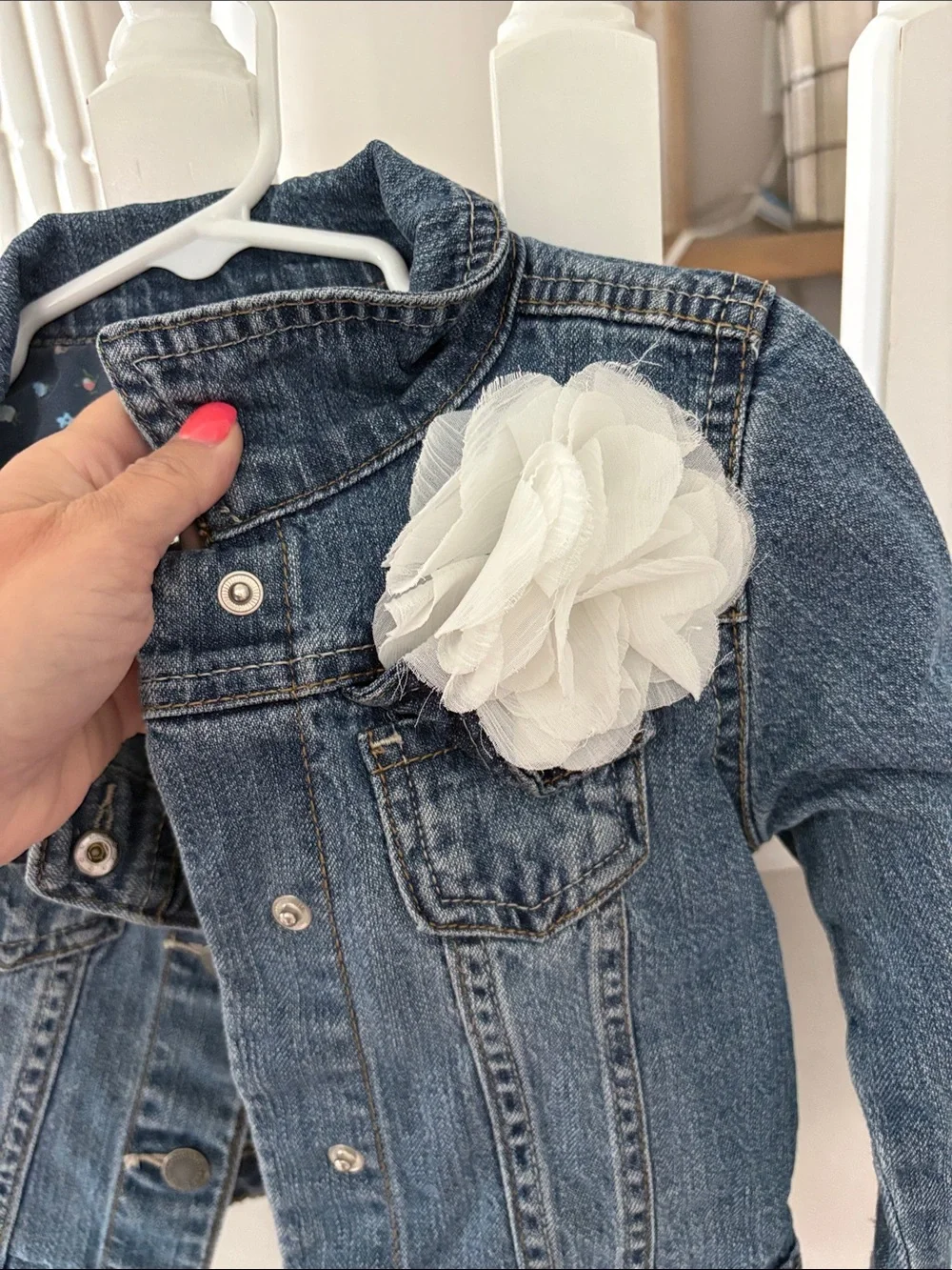 Kids Denim Jacket with Flower Accent - Blue